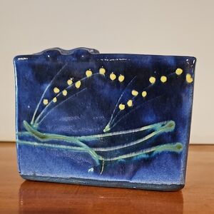 Handcrafted Blue Ceramic Art Vase with Yellow Floral Accents